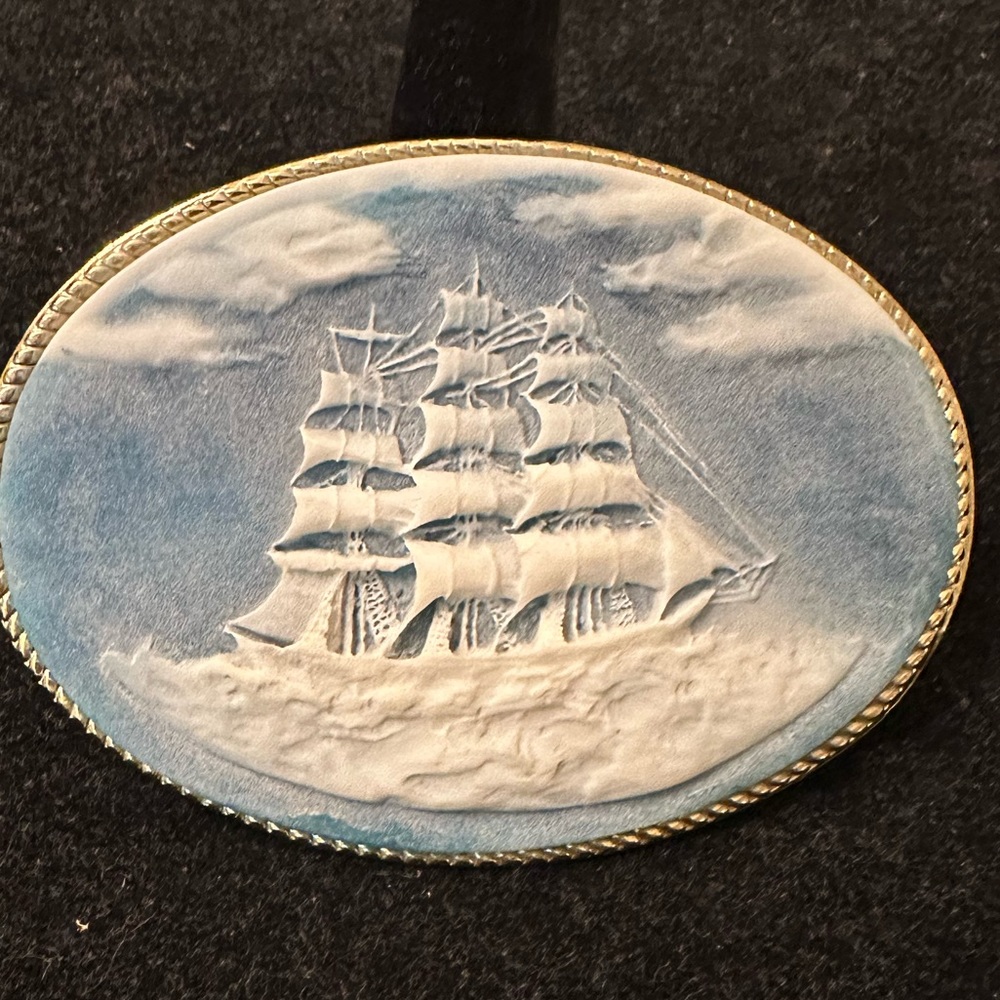 Vintage Genuine Incolay Three Ships Belt Buckle